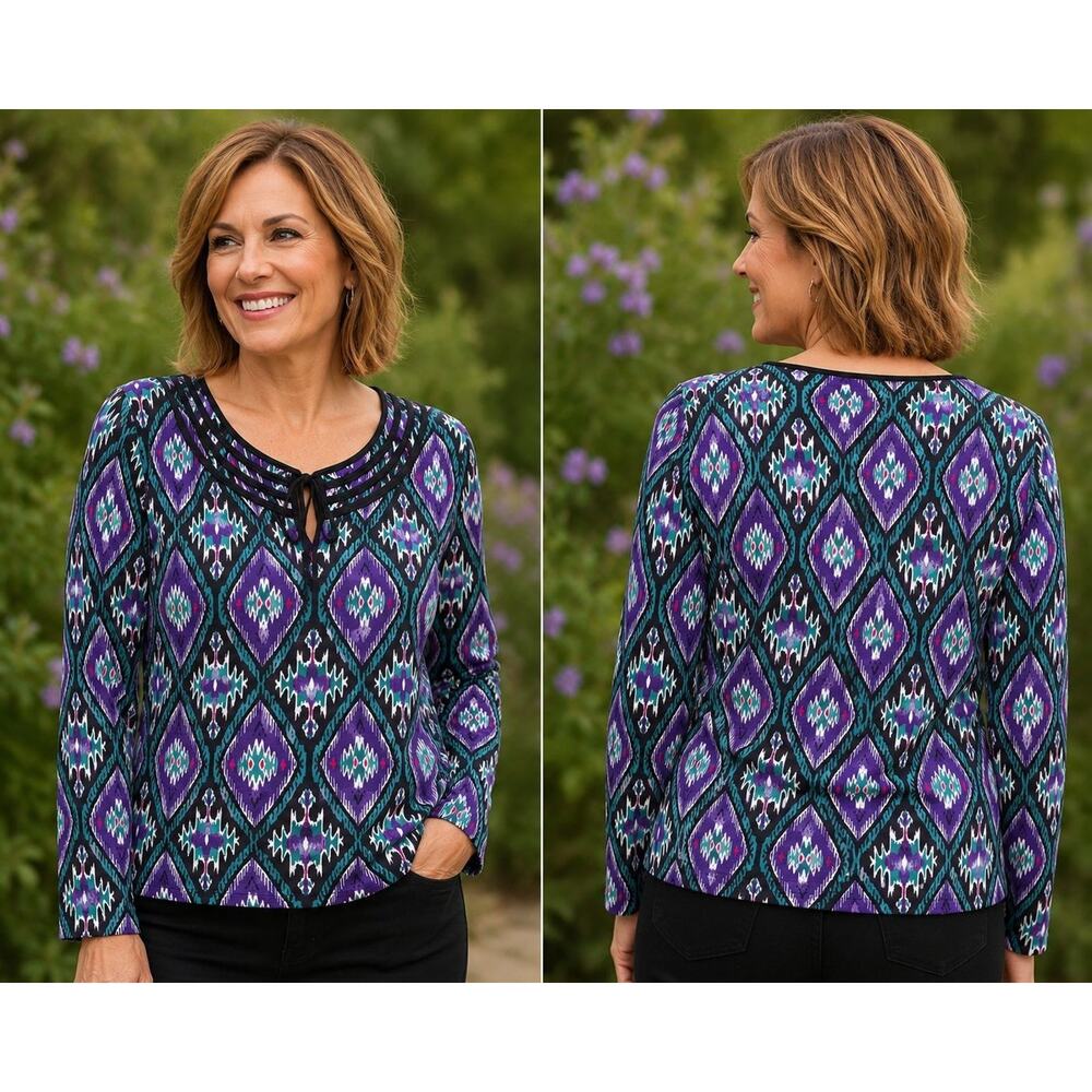 Jones New York Sport Women’s XL Purple Geometric Print Top Long Sleeve Stretch